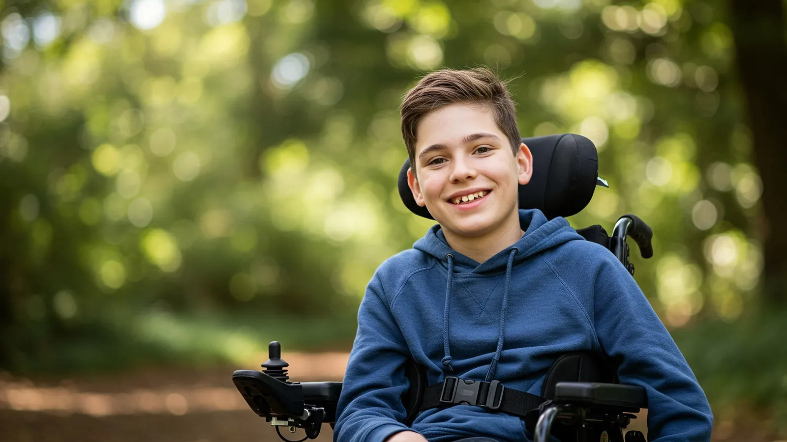 smiling boy in wheelchair